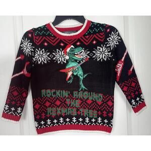 New 33 Degrees Boy's Youth M T-Rex Guitar  Christmas Sweater Dinosaur Size 6